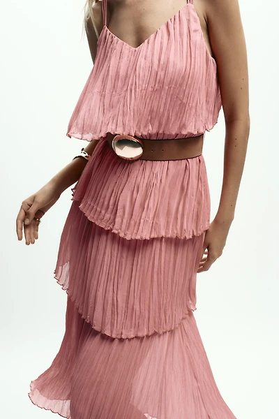 BELTED RUFFLED MIDI DRESS