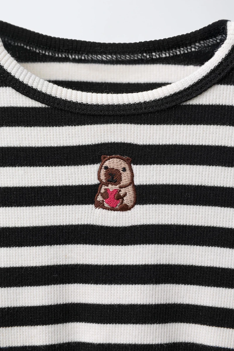EMBROIDERED FINE-WALED CORDUROY STRIPED COMBINATION DRESS