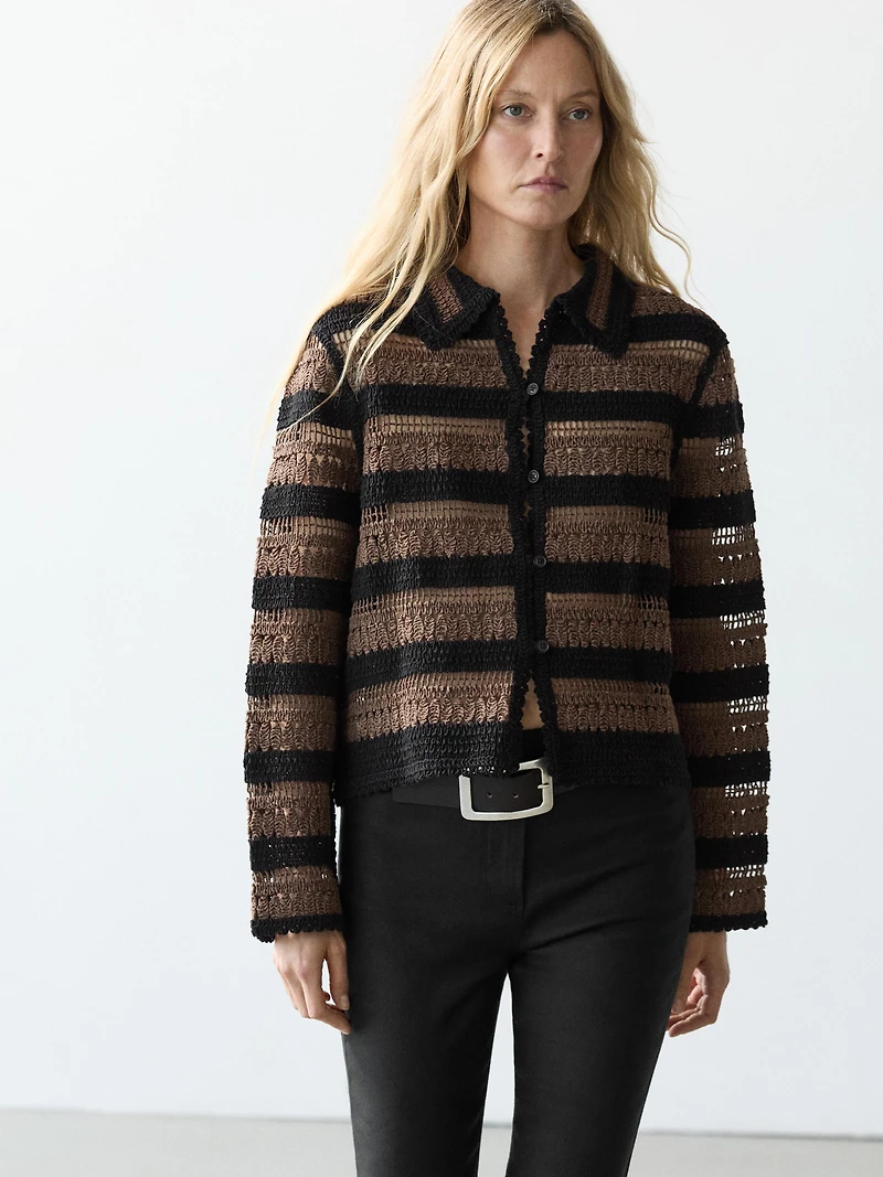 Short striped crochet knit cardigan