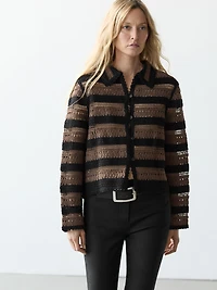 Short striped crochet knit cardigan