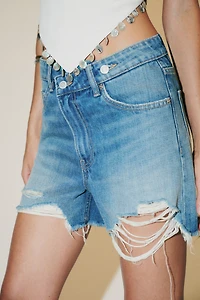HIGH-RISE CROSS WAIST MOM FIT TRF DENIM SHORTS