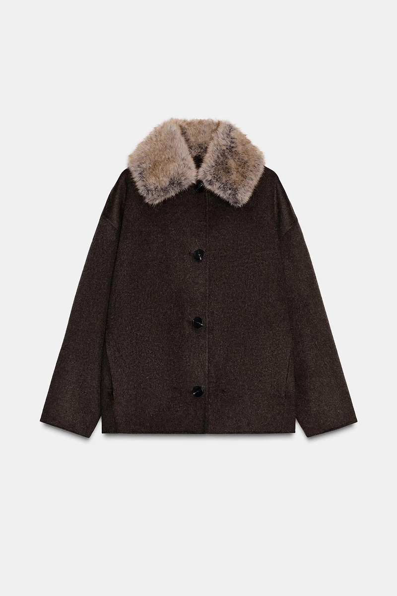 MANTEAU AVEC LAINE COL EFFET FOURRURE
