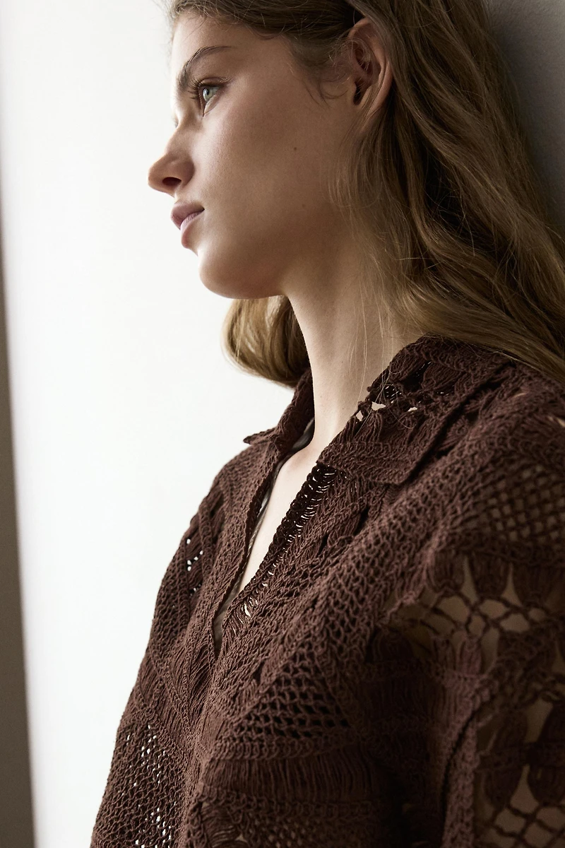 Cotton blend crochet polo T-shirt