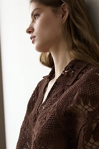 Cotton blend crochet polo T-shirt