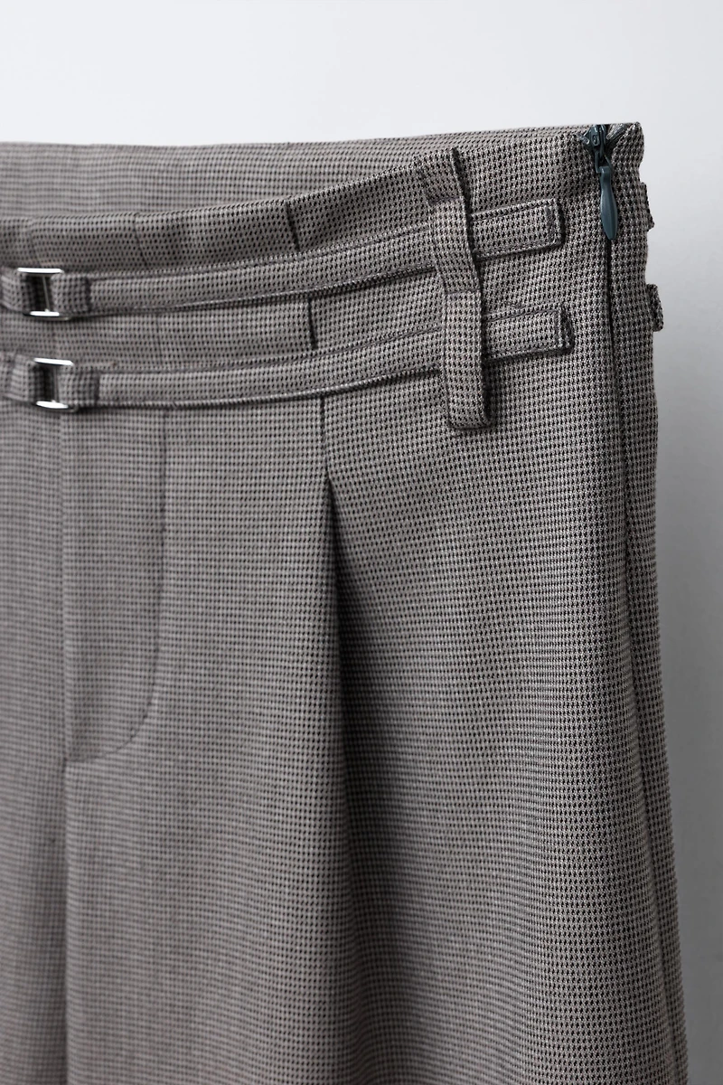 WIDE LEG HOUNDSTOOTH DOUBLE BELT PANTS