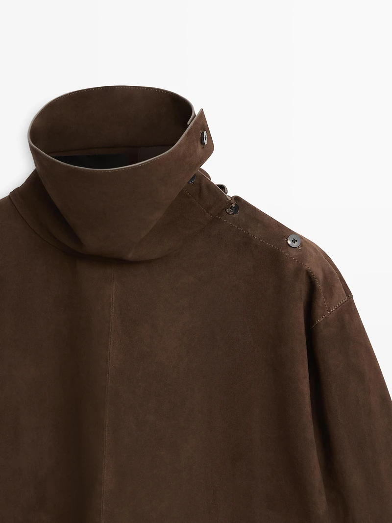 Suede leather oversize blouse with high neck