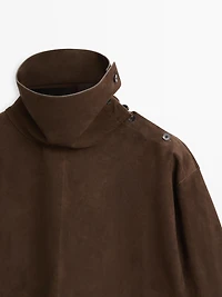 Suede leather oversize blouse with high neck