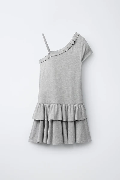 ASYMMETRIC RUFFLED BUCKLE DRESS