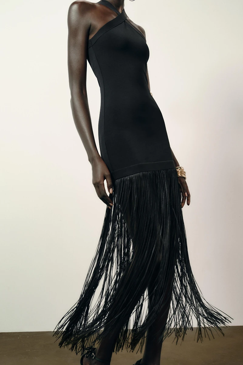 LONG STRETCH FRINGE DRESS