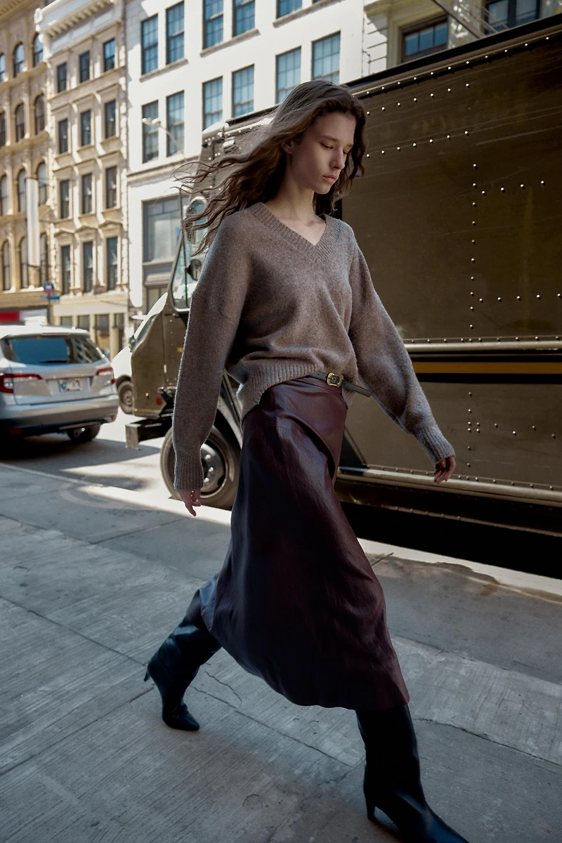 FAUX LEATHER BELTED MIDI SKIRT