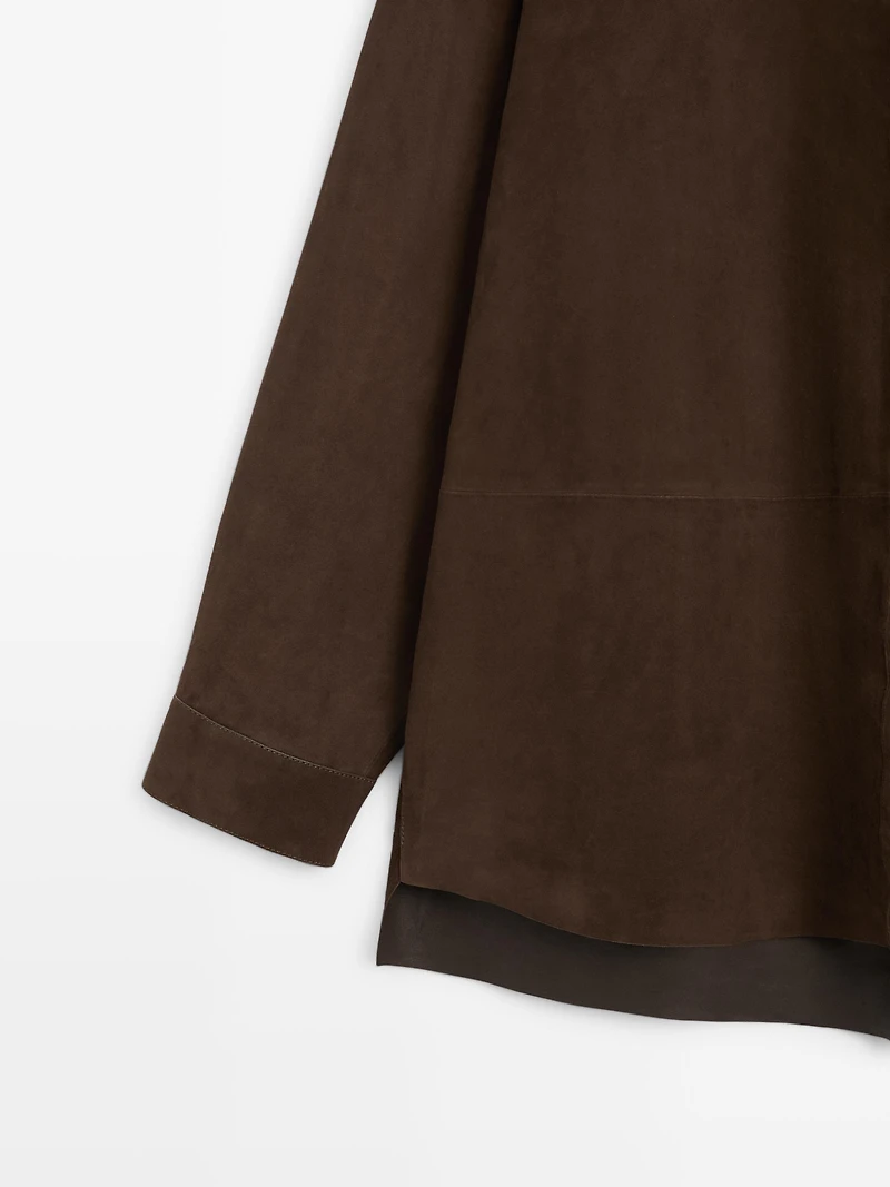 Suede leather oversize blouse with high neck