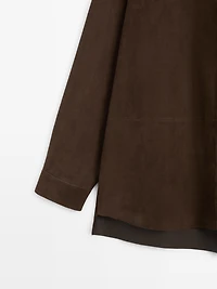 Suede leather oversize blouse with high neck
