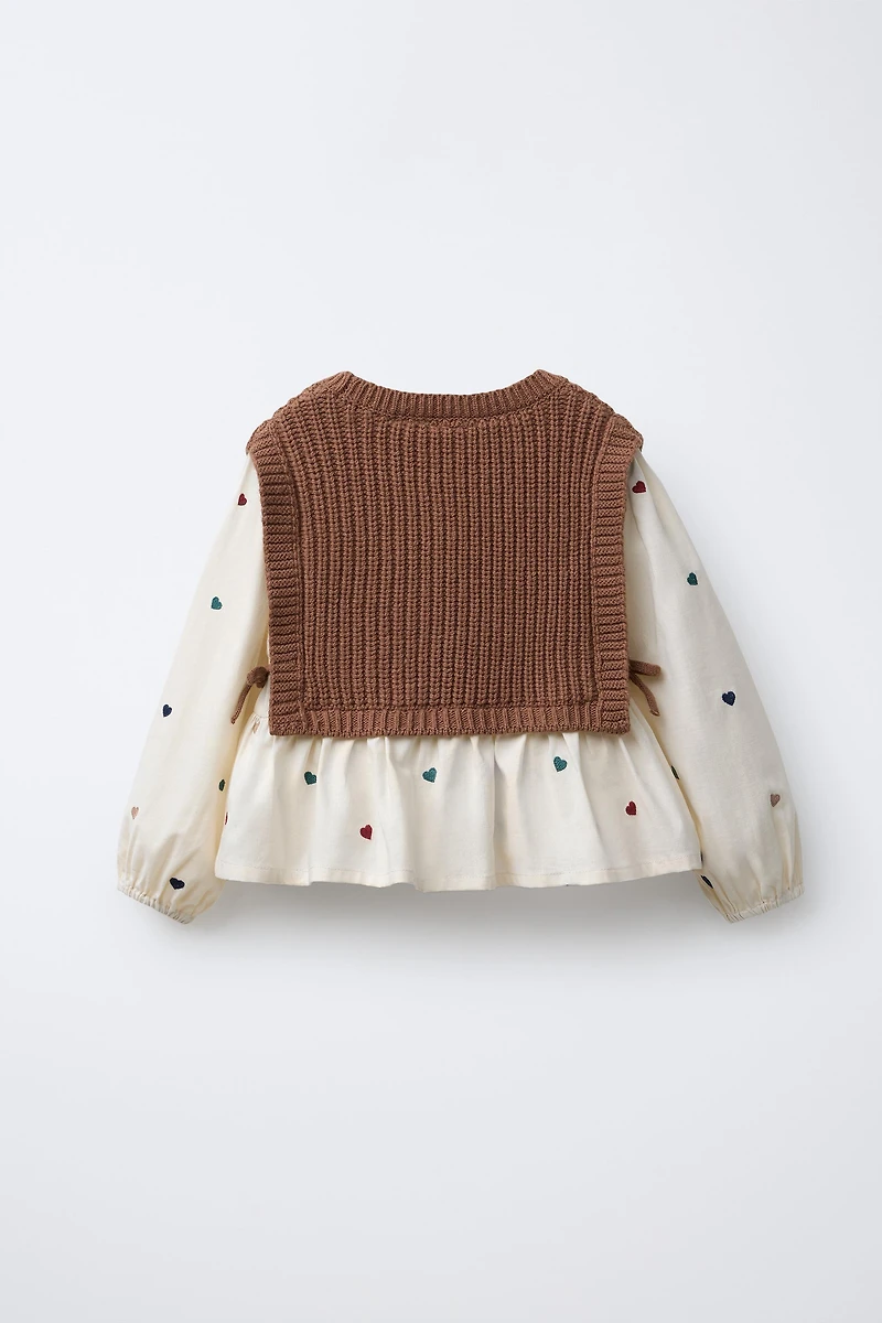 EMBROIDERED HEART SHIRT WITH KNIT VEST
