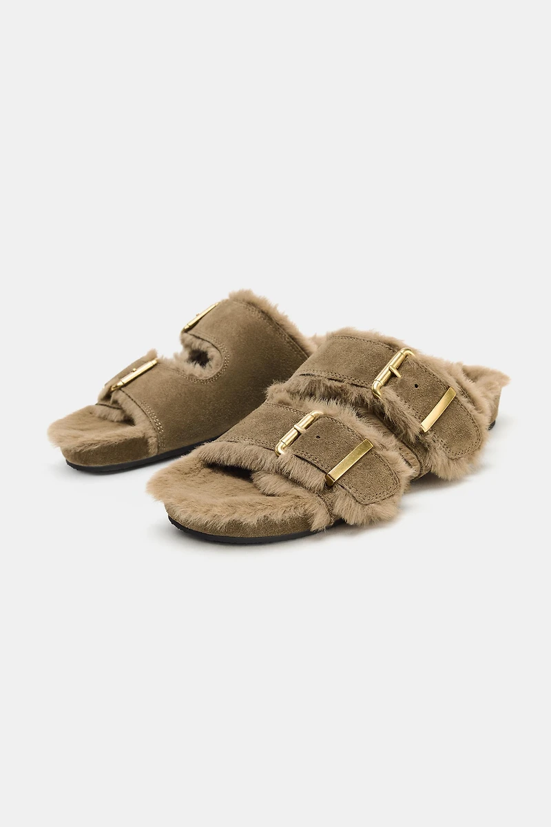 FAUX FUR FLAT BUCKLE SANDALS
