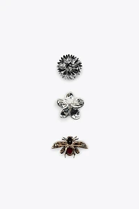 PACK OF 3 METAL FLOWER AND BEE BROOCHES