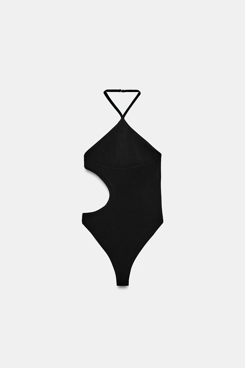 STRETCH KNIT HALTER CUT-OUT BODYSUIT