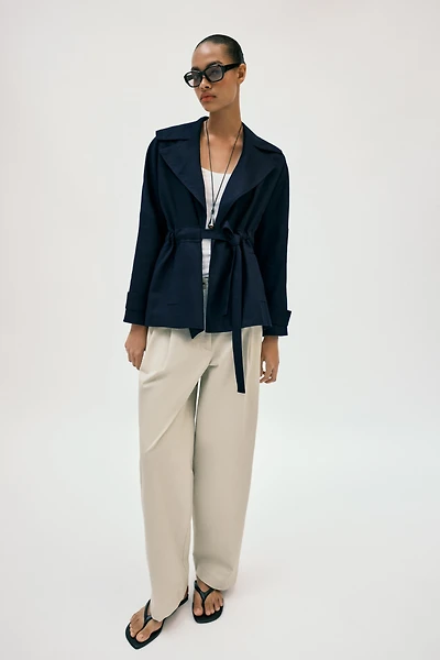 LINEN BLEND BELTED TRENCH JACKET