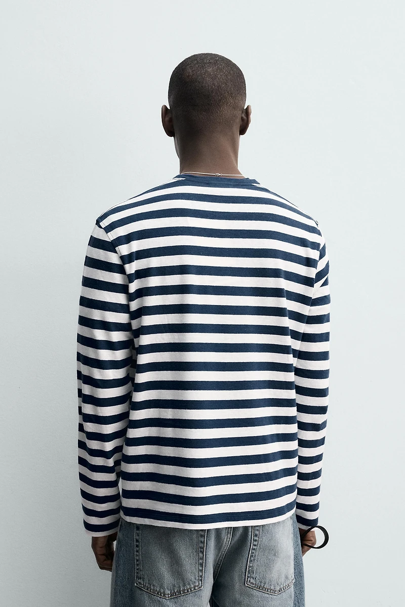 STRIPED LINEN COTTON BLEND LONG SLEEVE T-SHIRT