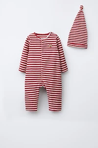 STRIPED TOWEL JUMPSUIT AND POMPOM HAT