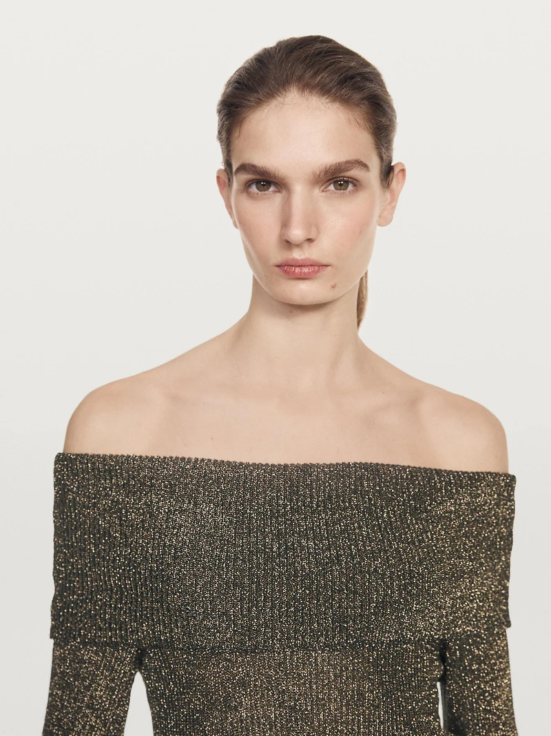 Off-the-shoulder knit sweater with metallic finish