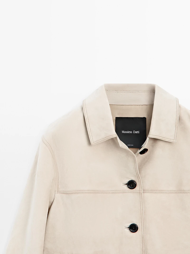 Short suede leather jacket with topstitching