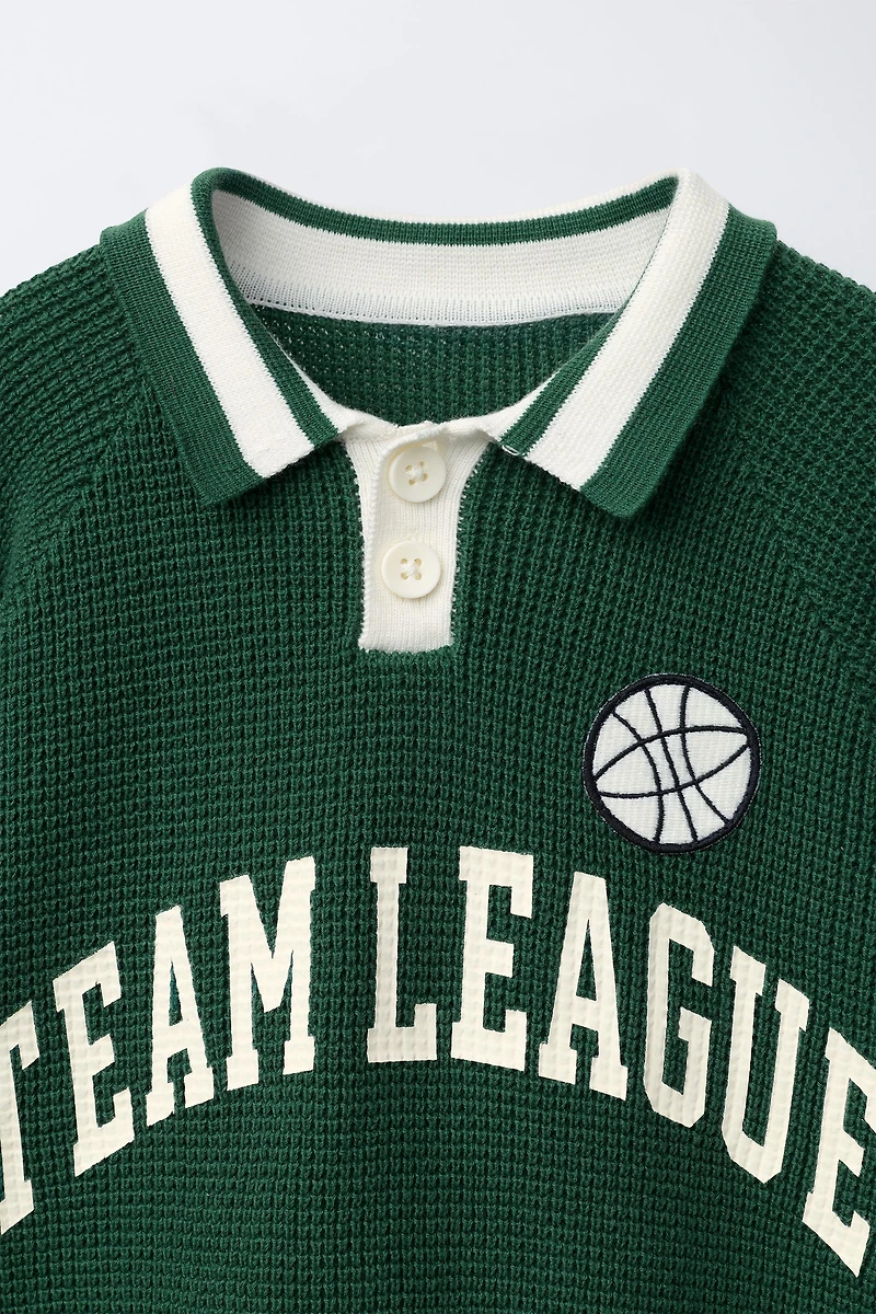 TEXT PRINT WAFFLE KNIT POLO SHIRT