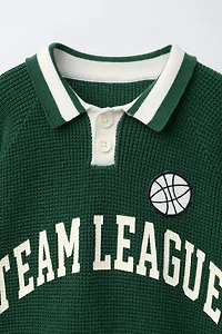 TEXT PRINT WAFFLE KNIT POLO SHIRT