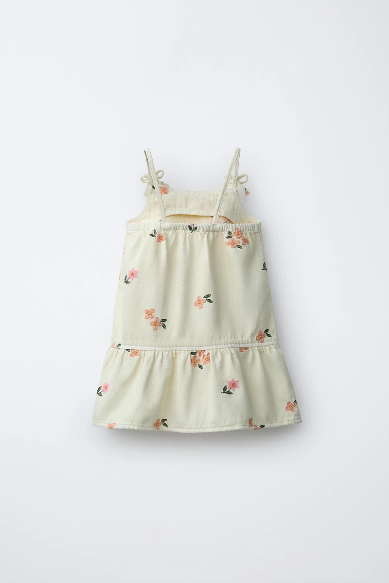 EMBROIDERED FLORAL TWILL DRESS