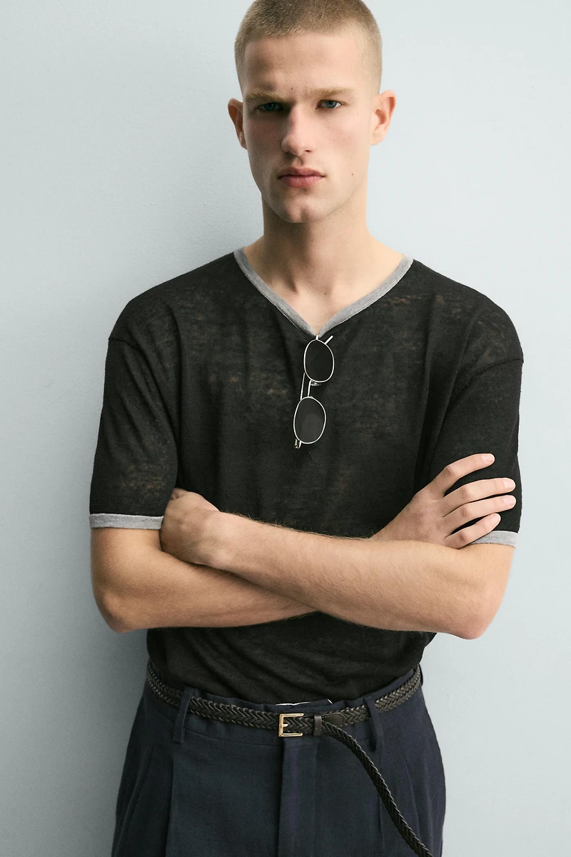 CONTRAST LINEN BLEND KNIT T-SHIRT