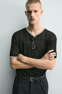 CONTRAST LINEN BLEND KNIT T-SHIRT