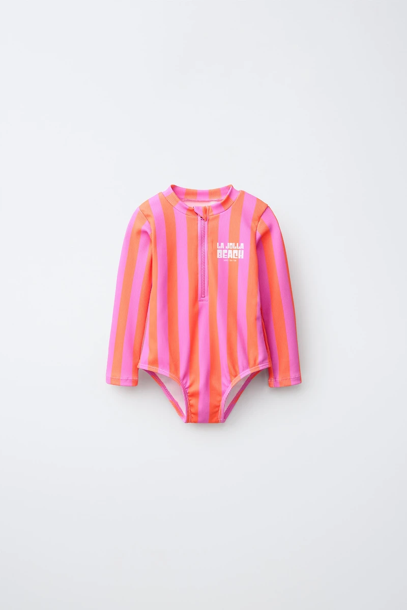 1-6 YEARS / STRIPED TEXT SWIMSUIT