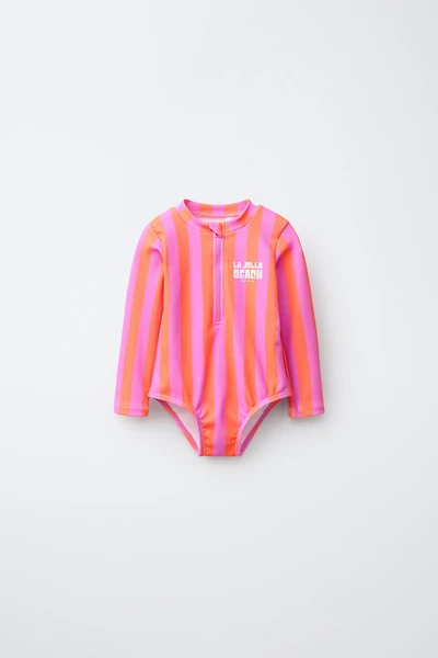 1-6 YEARS / STRIPED TEXT SWIMSUIT