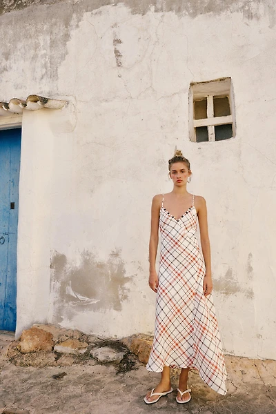 PLAID LINEN BLEND MIDI DRESS