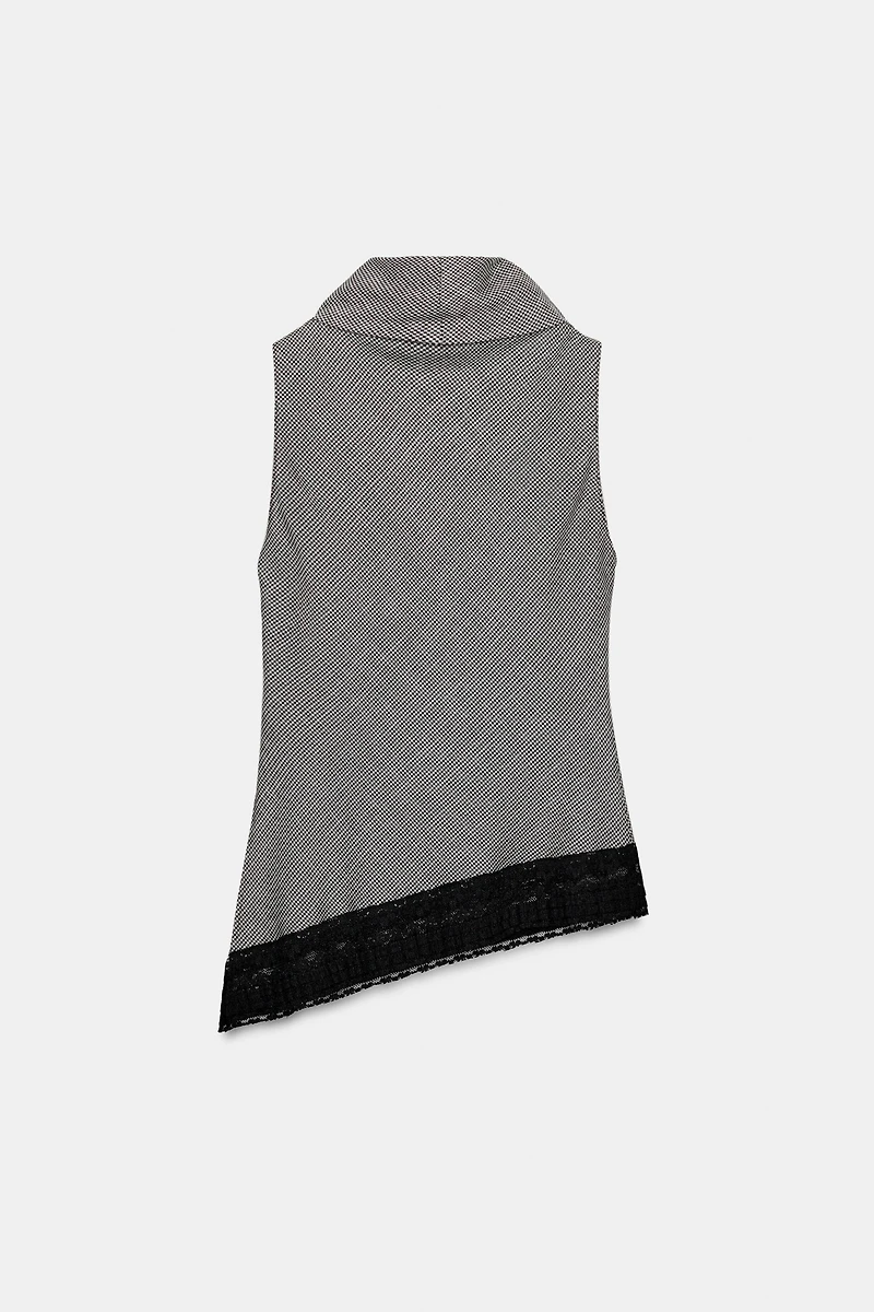 ASYMMETRIC HEM HOUNDSTOOTH LACE TOP