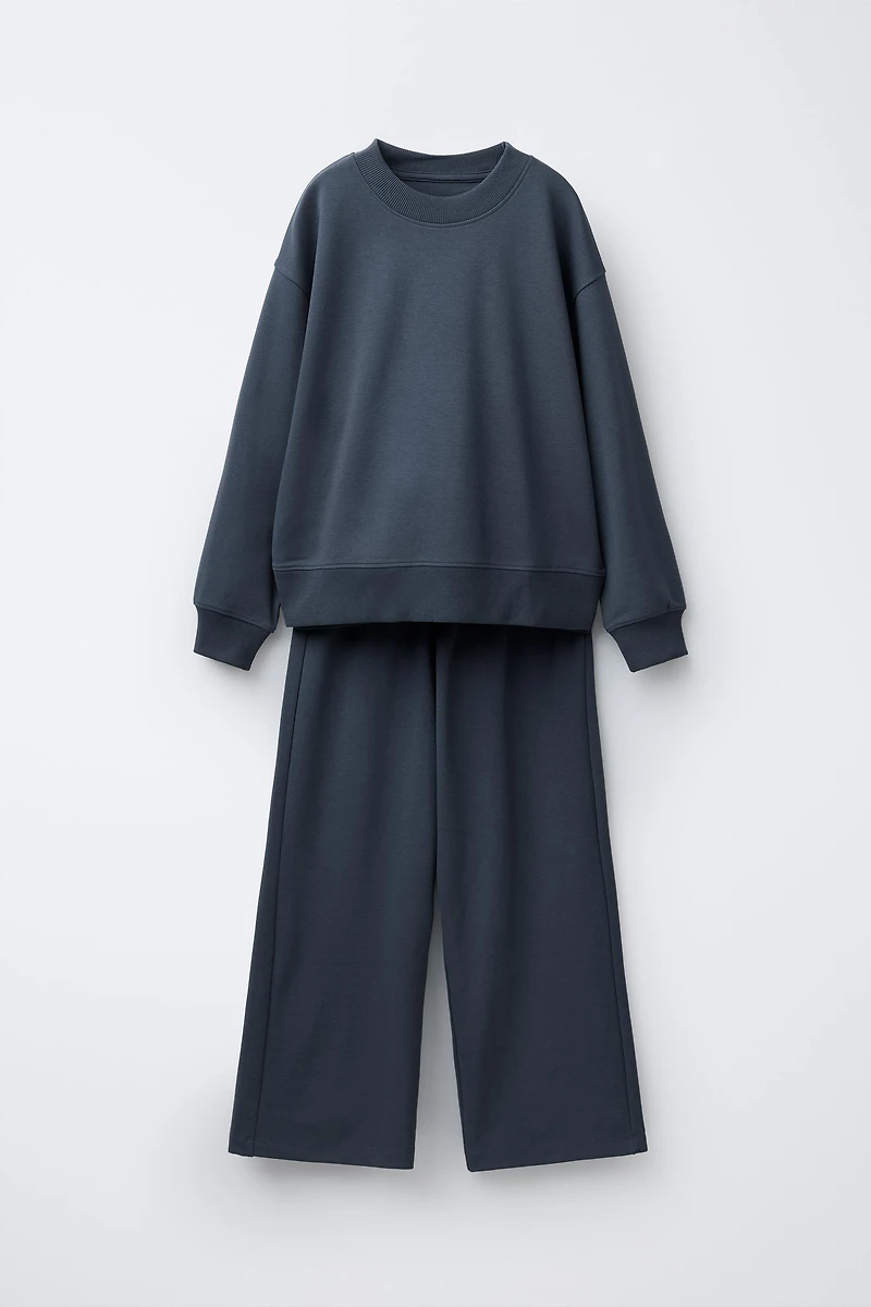 ENSEMBLE SWEAT ET PANTALON EN MOLLETON À JAMBES LARGES UNIE