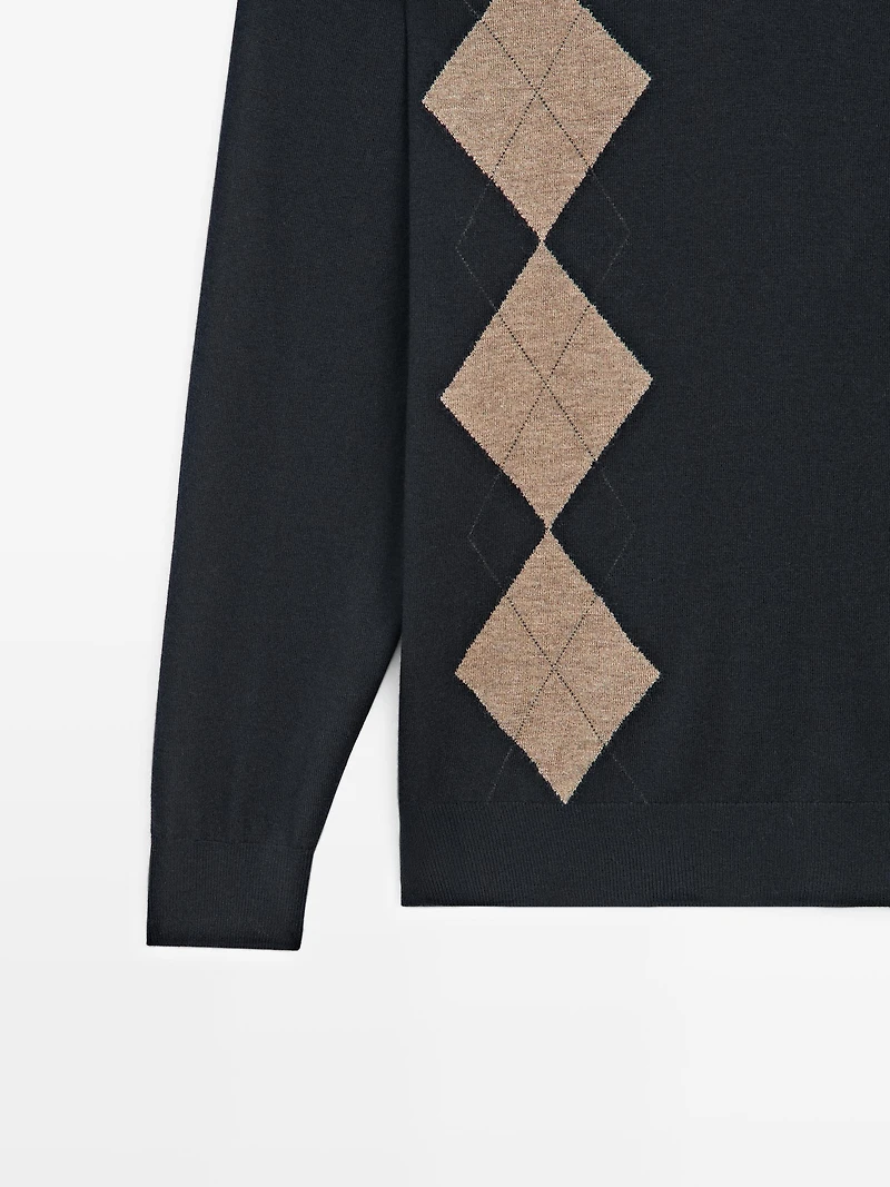 Wool blend argyle knit polo sweater