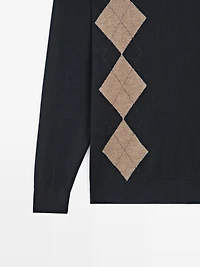 Wool blend argyle knit polo sweater
