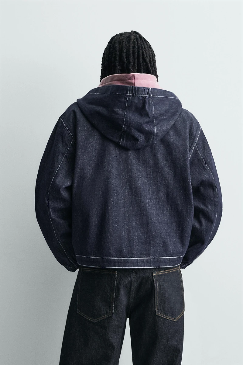 HOODED DENIM JACKET WITH TOPSTITCHING