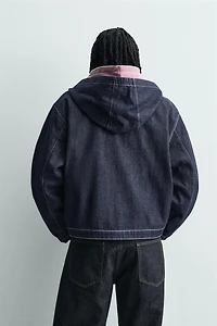 HOODED DENIM JACKET WITH TOPSTITCHING