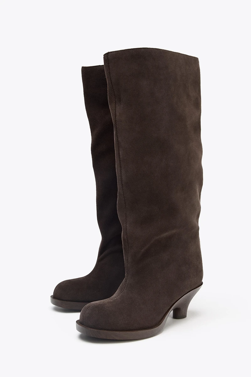 SPLIT LEATHER KITTEN HEEL BOOTS