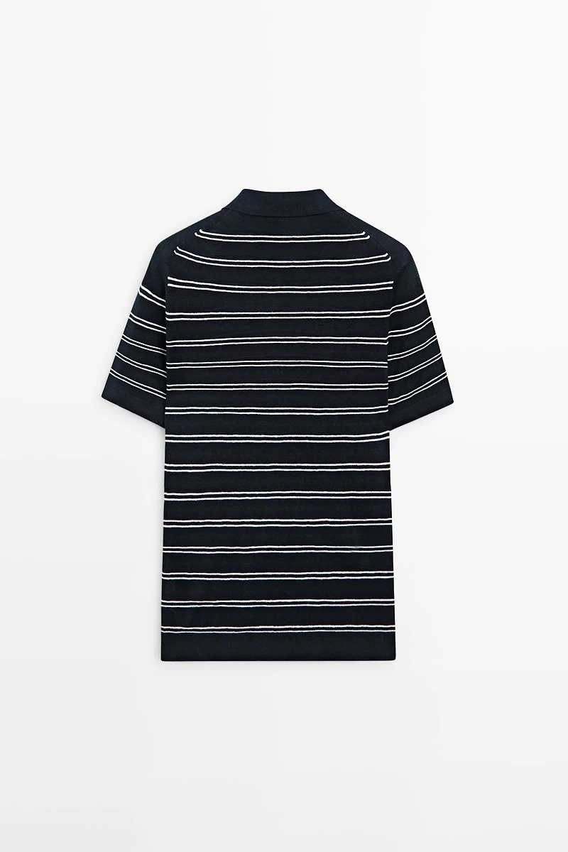 Striped 100% linen V-neck polo shirt