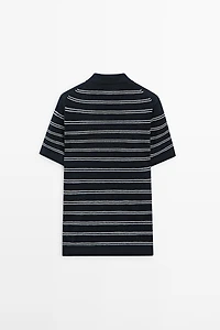 Striped 100% linen V-neck polo shirt