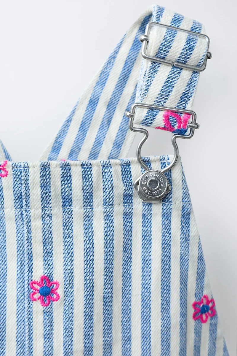 STRIPED TWILL OVERALLS WITH EMBROIDERED FLOWERS