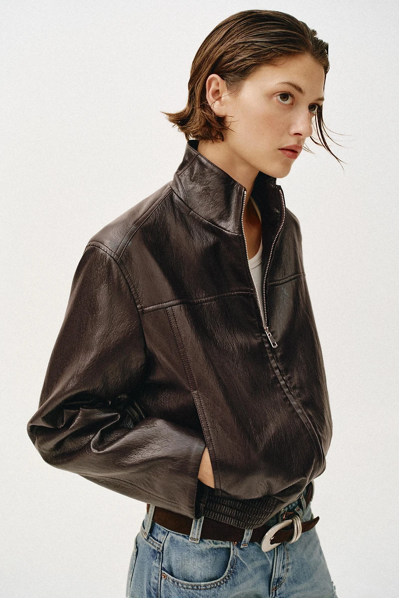 CROPPED FAUX LEATHER BOMBER JACKET