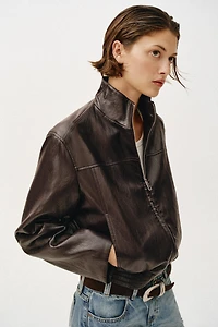 CROPPED FAUX LEATHER BOMBER JACKET