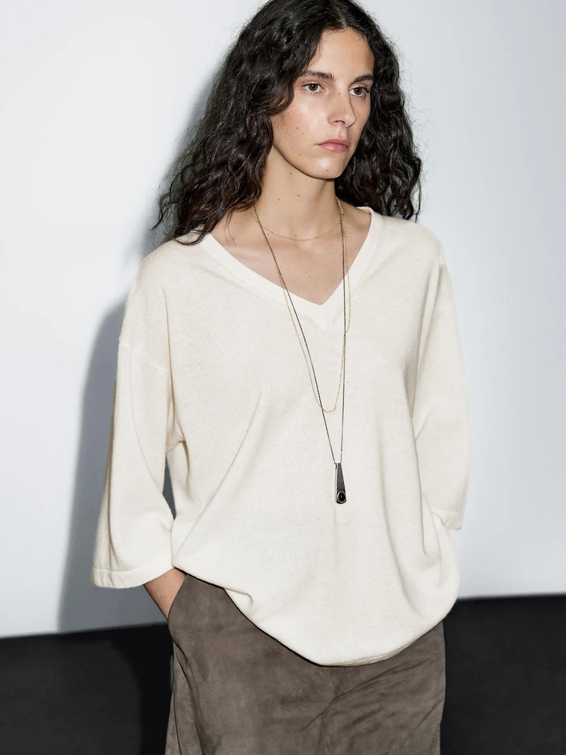 Pull à col en V laine mélangée