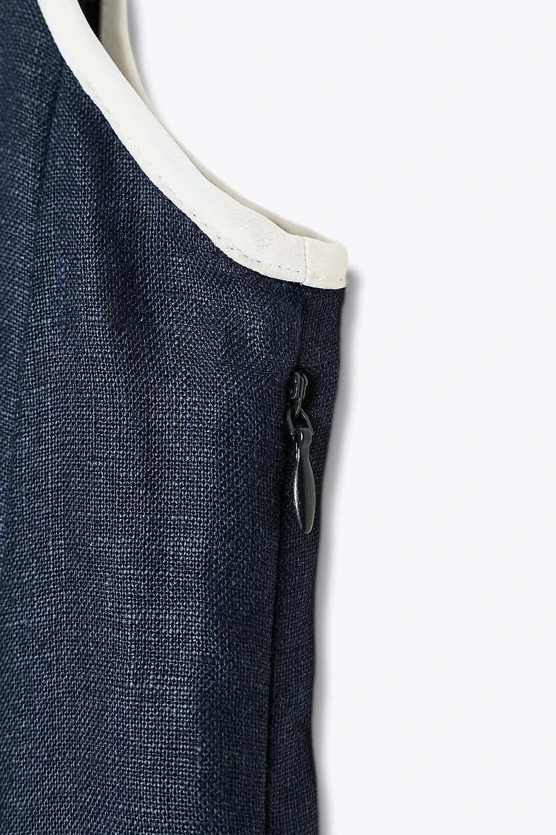 CONTRAST PIPING LINEN MIDI DRESS