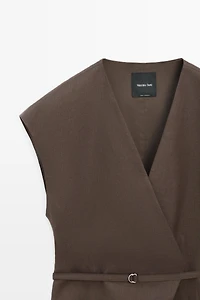 Linen blend waistcoat with wrap neckline