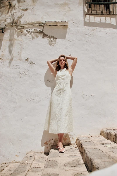 EMBROIDERED EYELET MIDI DRESS