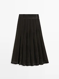 Flocked denim midi skirt with box pleats